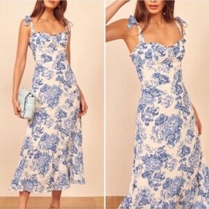 Reformation Nikia Olympia Blue and White Floral Midi Dress